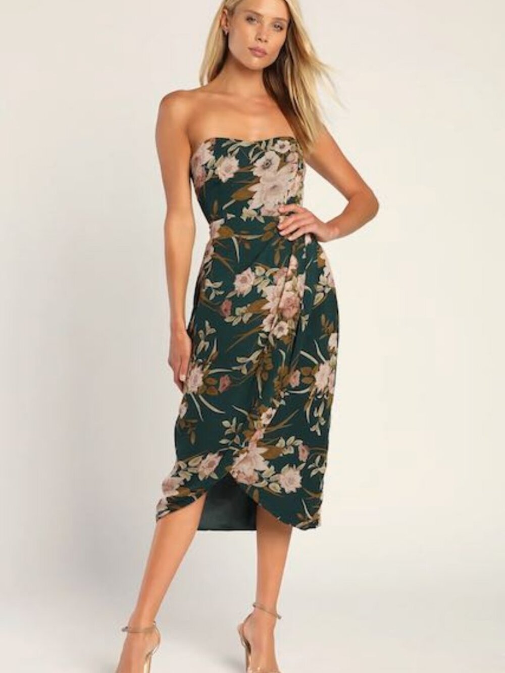 Lulu's Strapless Floral Midi Dress in Deep Green and Blush
